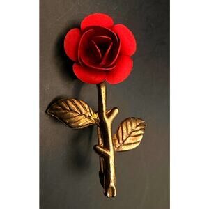Vintage Red Rose Enamel and Gold-tone Brooch